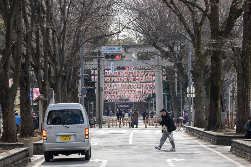 府中市・大國魂神社の鳥居と、参道に整然と並ぶ無数の提灯が作り出す「凛とした」風景