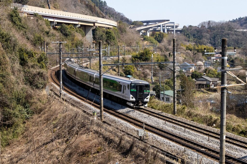 山あいのカーブを走行するJR東日本のE257系特急車両。背景には高架の高速道路と春の山村風景。