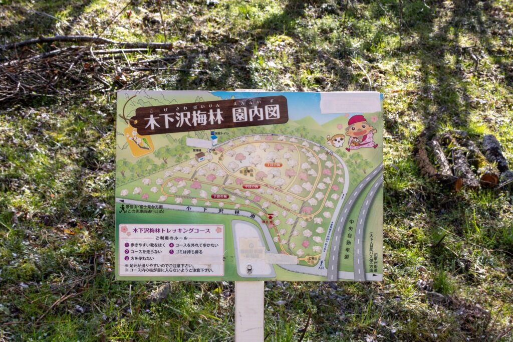 木下沢梅林の園内マップとトレッキングコースのルールが記された案内看板。